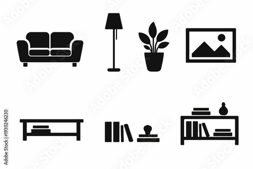 Home interior icons: sofa, lamp, plant, artwork, coffee table, bookshelf