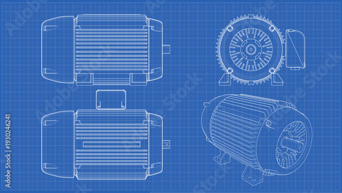Three-Phase AC Electric Motor - Engineering drawing Blueprint. 3D rendering isolated on blue background. 3D Mesh, Sketch, Vector style. 