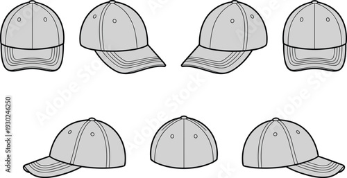 Baseball cap mockup set, multiple angles blank snapback hat templates, front side back views isolated, customizable headwear illustration