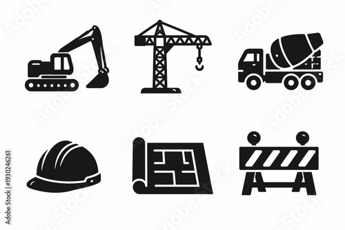 Construction icons: excavator, crane, cement truck, helmet, blueprint, barrier