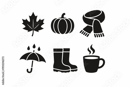 Fall icons: leaf, pumpkin, scarf, umbrella, boots, hot drink silhouettes
