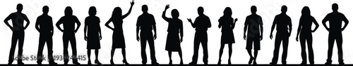 Set of diverse people silhouettes standing in a row featuring men and women in various poses for community social group and business team concepts