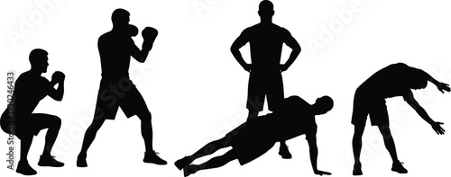 Black silhouettes of people practicing yoga poses, fitness exercises, boxing, running, stretching, meditation, and strength training for health, wellness, and sport.