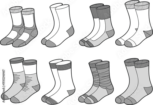 Collection of blank socks mockup set, various crew sock templates, front and side view, isolated apparel illustration design