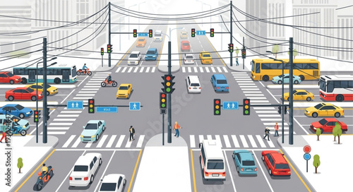 Busy City Street Intersection Traffic.