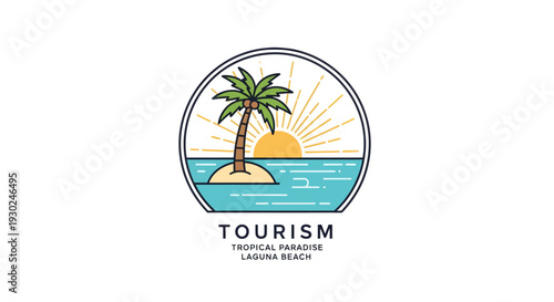 Tropical Island Paradise Sunset Tourism Logo Design.