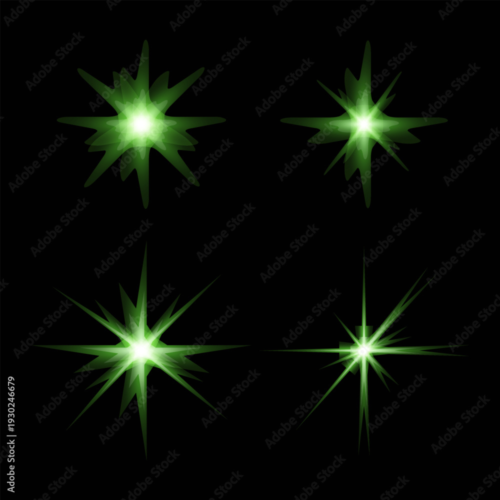 Fototapeta premium Collection of green starbursts on black background, vector graphic illustration, design elements for special effects and highlights.