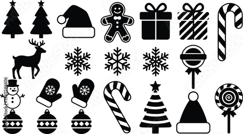 Christmas holiday icon set with santa hat reindeer gingerbread man and snowflakes, winter celebration elements, festive gift and candy vector