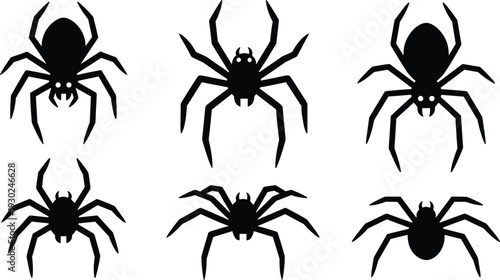 Black spider silhouette vector set, creepy arachnid icons, spooky halloween insects, isolated tarantula poses, scary garden bug elements for design