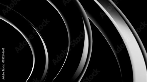 Abstract 3d render of sweeping glossy black metallic rings curving across a deep black background with dramatic highlights and smooth surfaces creating a sleek futuristic design composition