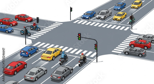 Busy City Street Intersection with Cars.