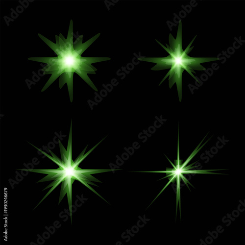 Collection of green starbursts on black background, vector graphic illustration, design elements for special effects and highlights.