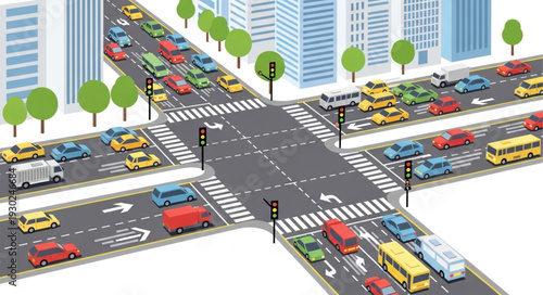 Busy City Street Intersection with Traffic.