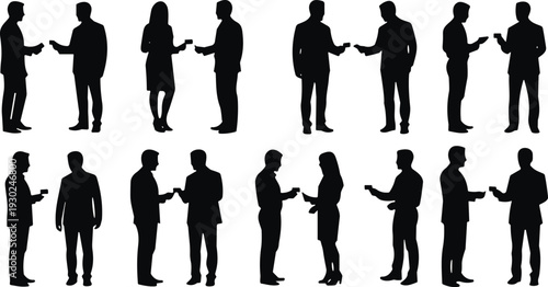 Business meeting silhouette set, men and woman exchanging business cards corporate communication isolated on white background collection