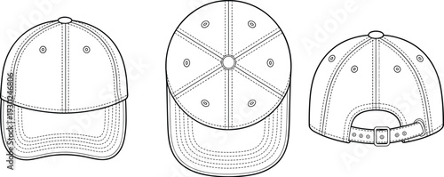 Baseball cap mockup template set, blank adjustable dad hat front top back views isolated outline illustration