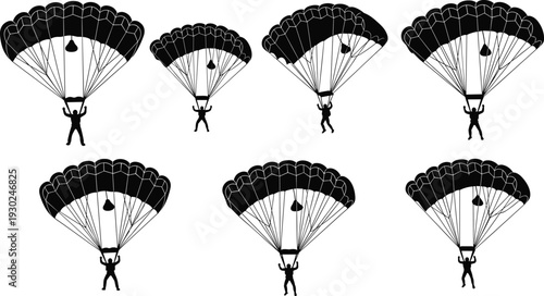 Black skydiver silhouette collection with parachutists descending under open canopies for extreme sports adventure and skydiving club vector art icons.