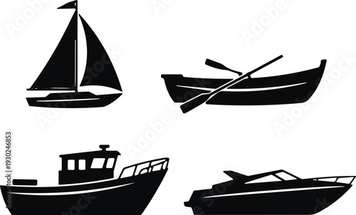 Boat silhouette collection, sailboat rowboat fishing boat and yacht isolated on white background vector set