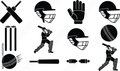 Cricket sports equipment silhouette set, batsman playing action icons, leather ball and bat vector, helmet and wicket gate hardware elements