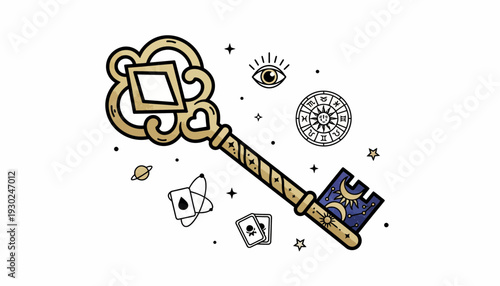 Mystical Golden Ornate Key Unlocking Ancient Secrets and Cosmic Wisdom Illustration