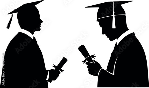 Two graduates in silhouette holding diplomas and wearing academic regalia