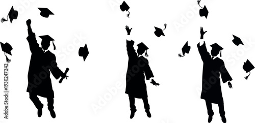 Graduation celebration silhouette of students throwing caps in air