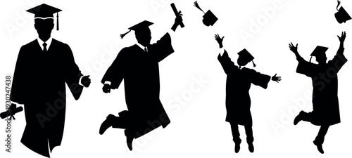 Graduation celebration silhouette of students throwing caps in air