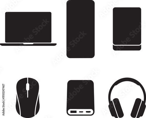 Modern Technology Devices and Electronic Gadgets Silhouette Icon Set Vector Illustration
