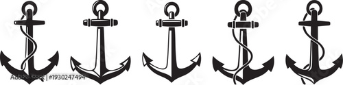 Collection of black anchor silhouettes with varying rope designs on a white background for nautical themed graphics and designs