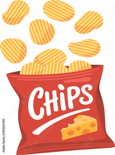Potato chips bag vector illustration with crunchy cheese flavored snack pieces falling out of red packaging