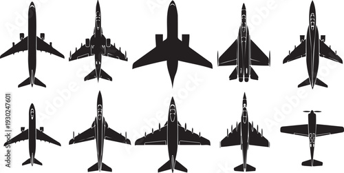 Collection of various airplane silhouettes showcasing different aircraft designs and models in a comprehensive visual representation for aviation enthusiasts and designers.