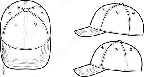 Baseball cap mockup set, blank adjustable hat template, front and side views isolated sports headwear outline illustration