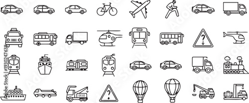 Collection of simple black and white vehicle icons representing various transportation modes and machines for use in graphic designs and user interfaces.