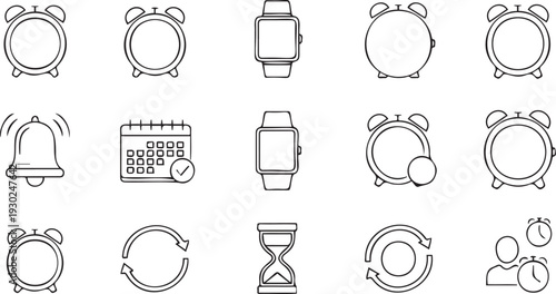 Collection of simple black line icons representing various time and alarm related concepts on a clean white background for design and notification purposes effectively.