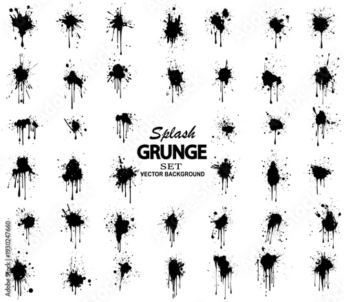 a set of black ink splatters on a white background. Grunge ink splatter. Splash of paints, spray drops staining and frame with wet paint drop traces set. 