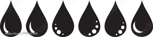 Six black droplet icons in a row with various cutout designs on a white background