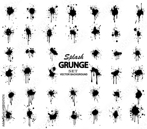 a set of black ink splatters on a white background. Grunge ink splatter. Splash of paints, spray drops staining and frame with wet paint drop traces set. 