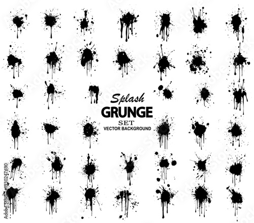 Grunge ink splatter. Splash of paints, spray drops staining and frame with wet paint drop traces  set. silhouette blob spray collection, Illustration splash and drip design, 