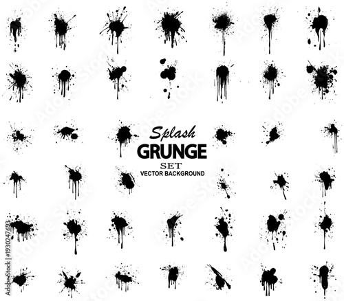 Grunge ink splatter. Splash of paints, spray drops staining and frame with wet paint drop traces  set. silhouette blob spray collection, Illustration splash and drip design, 