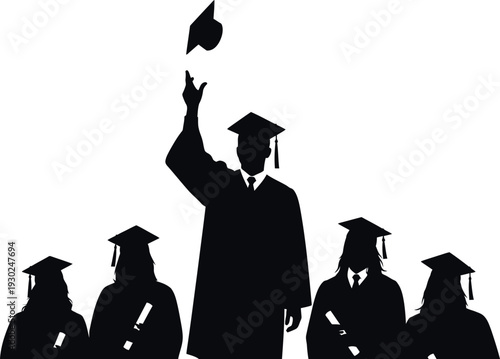 Graduation celebration silhouette five graduates in cap and gown