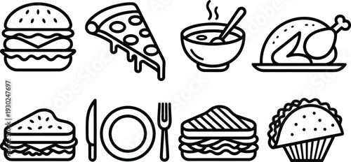 Fast food icon set with burger pizza and taco, restaurant menu line art, delicious meal symbols, isolated lunch dinner vectors