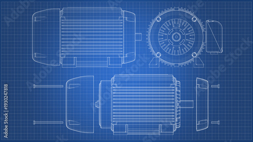 AC Induction Industrial Motor – Professional Technical Blueprint Design, Exploded View. 3D rendering isolated on blue background. 3D Mesh, Sketch, Vector style. 