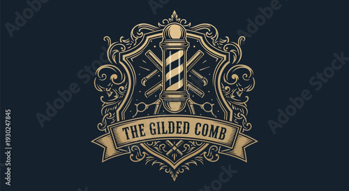 Vintage Barber Shop Emblem The Gilded Comb Logo Design.