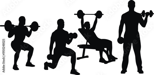 Gym workout silhouette set, men lifting barbell and dumbbell fitness training isolated on white background collection