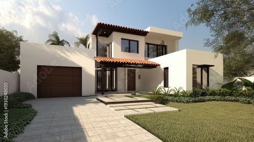 Modern House Design: White Stucco Exterior and Brown Garage Door