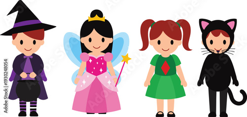 Cute Children in Halloween Costumes Set Featuring Little Witch Princess Fairy and Black Cat Flat Vector Illustration Isolated on White Background for Kids