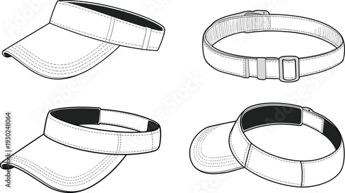 Sports visor outline set, front back and perspective views, blank adjustable sun visor template, headwear mockup illustration
