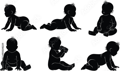 Collection of black baby silhouettes featuring infants crawling, sitting, and drinking from a cup isolated on white background for childhood.