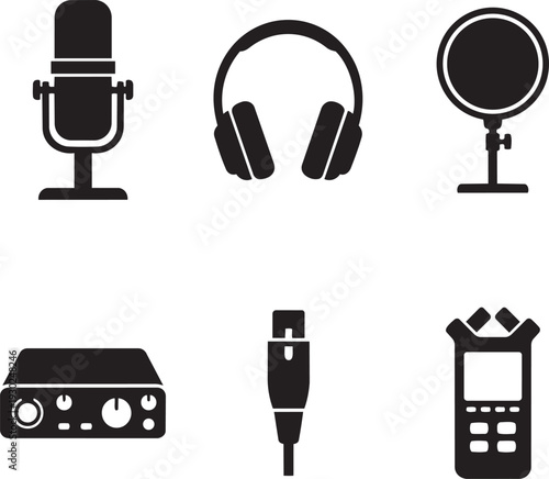 Podcast Equipment and Portable Audio Recording Studio Silhouette Icon Set Vector Illustration