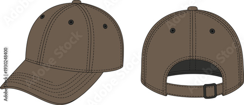 Brown baseball cap vector, front and back views, adjustable hat template, blank headwear mockup illustration