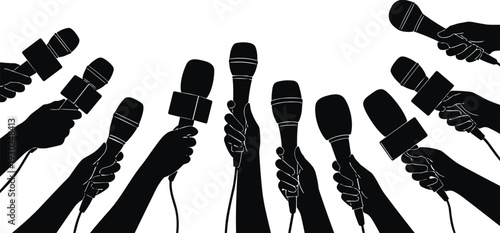 Microphone interview silhouette set, journalists holding microphones for press conference isolated on white background collection